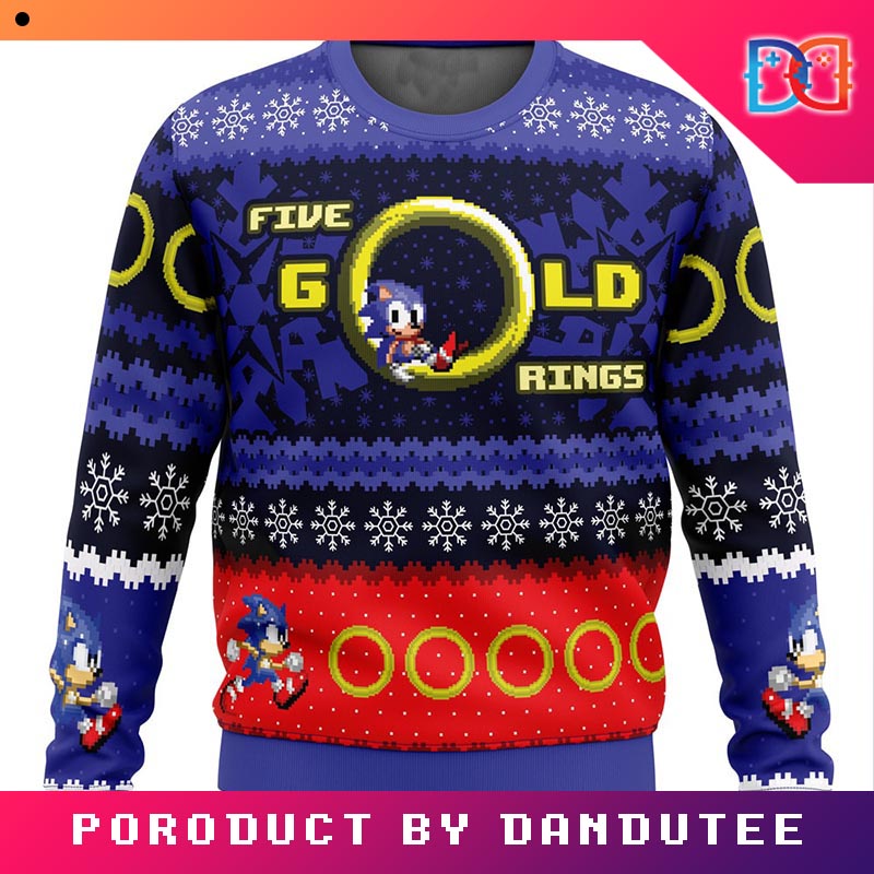 5 Gold Rings Sonic the Hedgehog Game Ugly Christmas Sweater