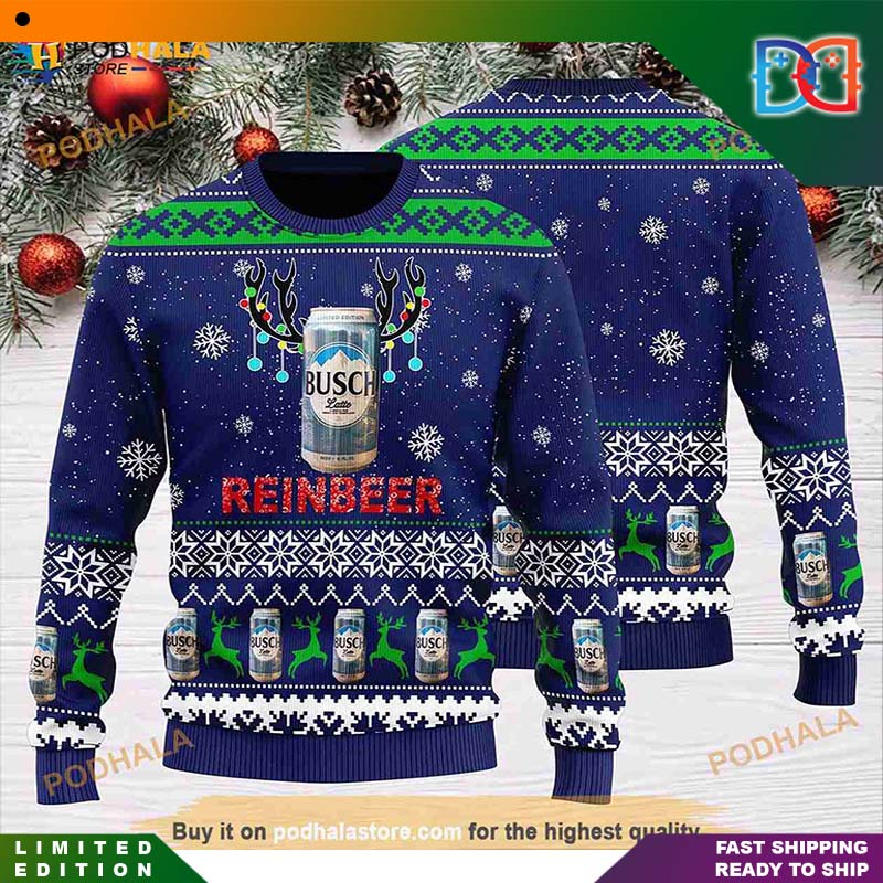Busch Latte Reinbeer Logo Blue Ugly Christmas Sweater