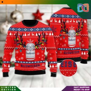 Deer Budweiser Snow Pattern Knitted Red Ugly Christmas Sweater