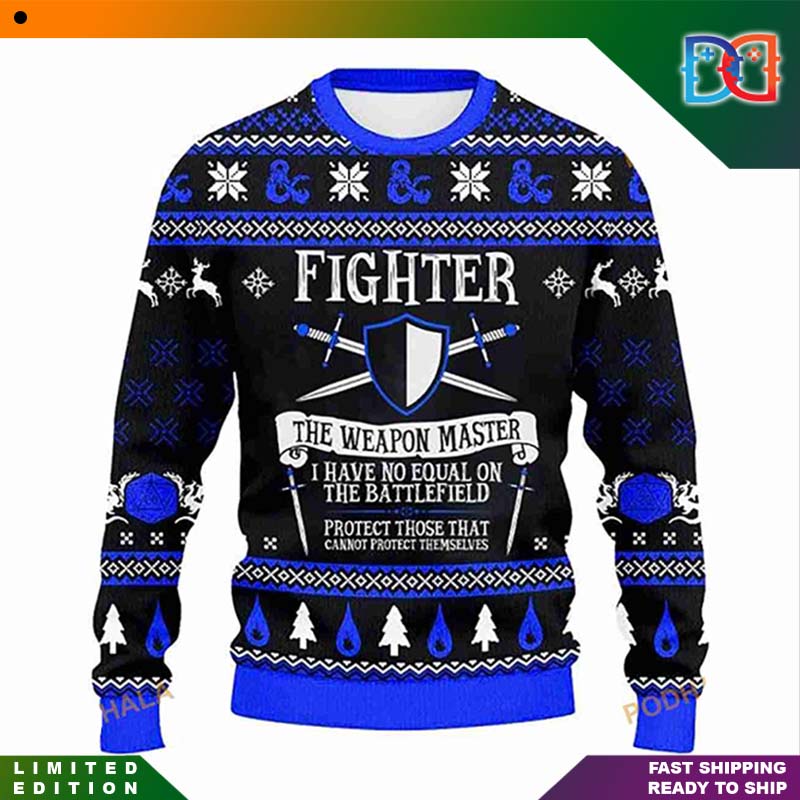 Dungeons And Dragons Classes Collection Fighter The Weapon Master Blue Christmas Ugly Sweater