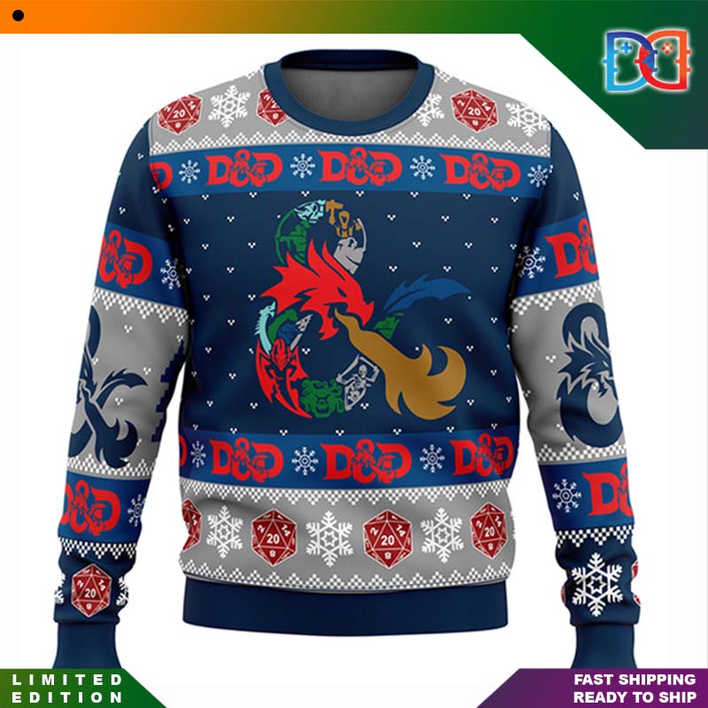 Dungeons & Dragons Logo Art Line Colorful Snow Pattern Ugly Christmas Sweater