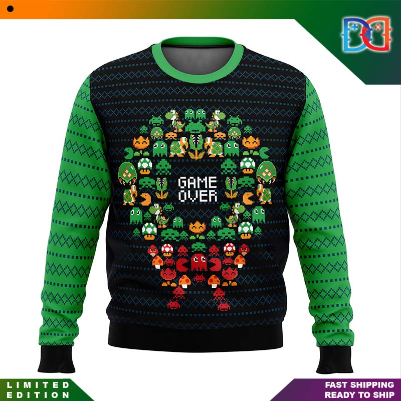 Game Over Nintendo Pixel Character Pattern Ugly Christmas Sweater