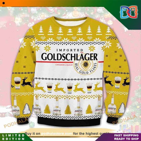 Goldschlager Cinnamon Liqueur Real Gold Flakes Funny Ugly Christmas Sweater