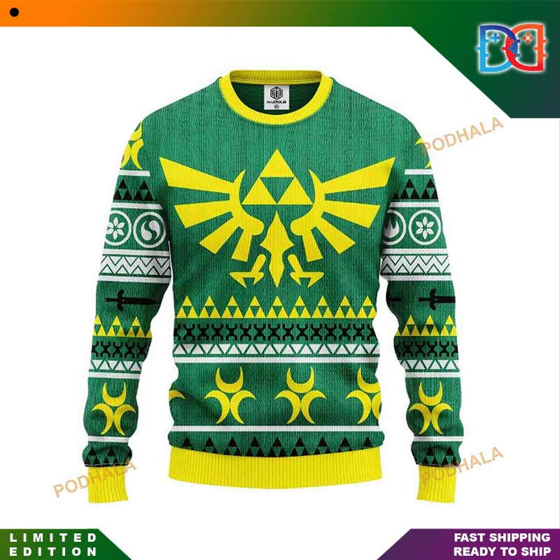 Legend of Zelda Symbol Green Yellow Pattern Game Ugly Christmas Sweater