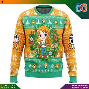 One Piece Nami Character Pixel Pattern Wreath Ugly Christmas Sweater