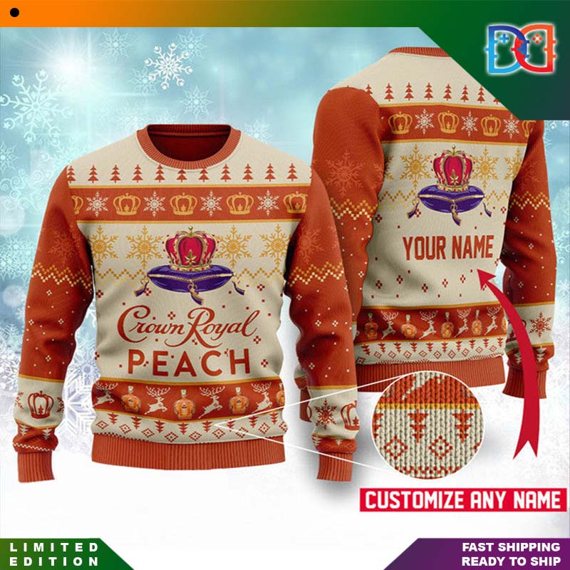 Personalized Peach Crown Royal Logo Snow Pattern Funny Ugly Christmas Sweater