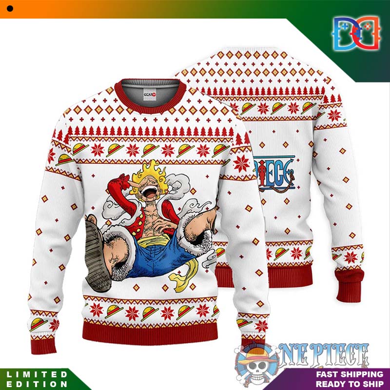 One Piece Luffy Gear 5 Straw Hat Pattern Ugly Christmas Sweater - Dandutee